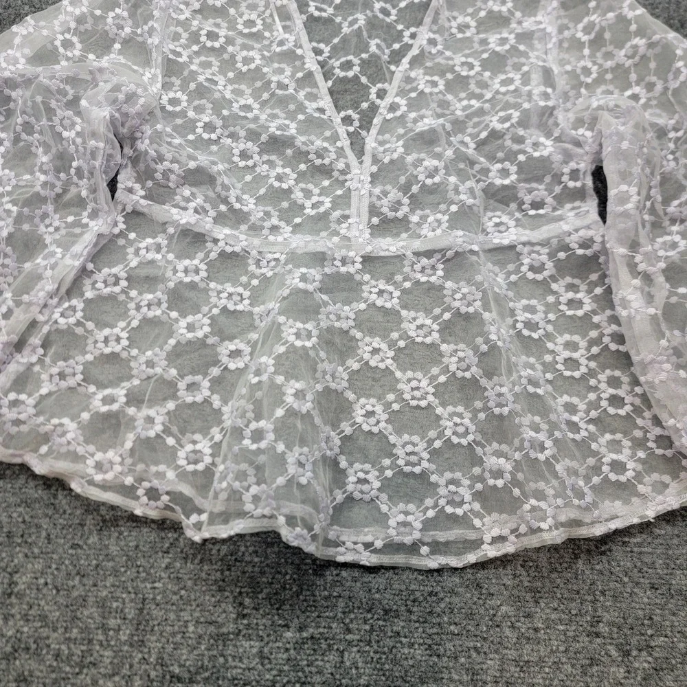 Zara Lavender Floral Lace Sheer V-Neck Peplum Blouse Balloon Sleeve Small